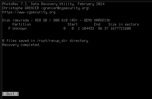 Screenshot of photorec showing no results